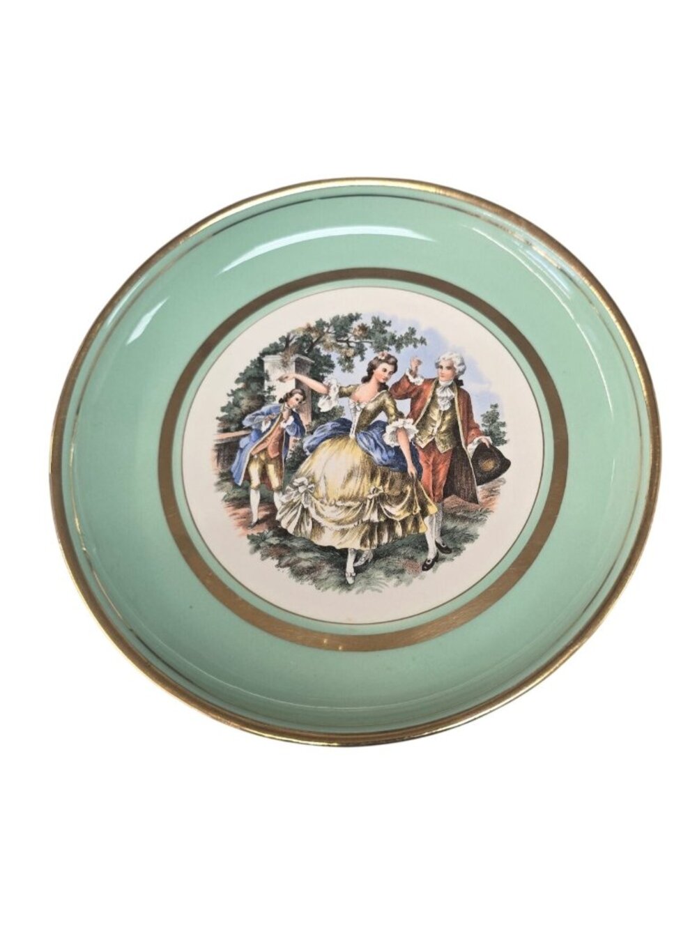 Fragonard Courting Scene Porcelain Plate – Mint Green & Gold Trim – Vintage Deco